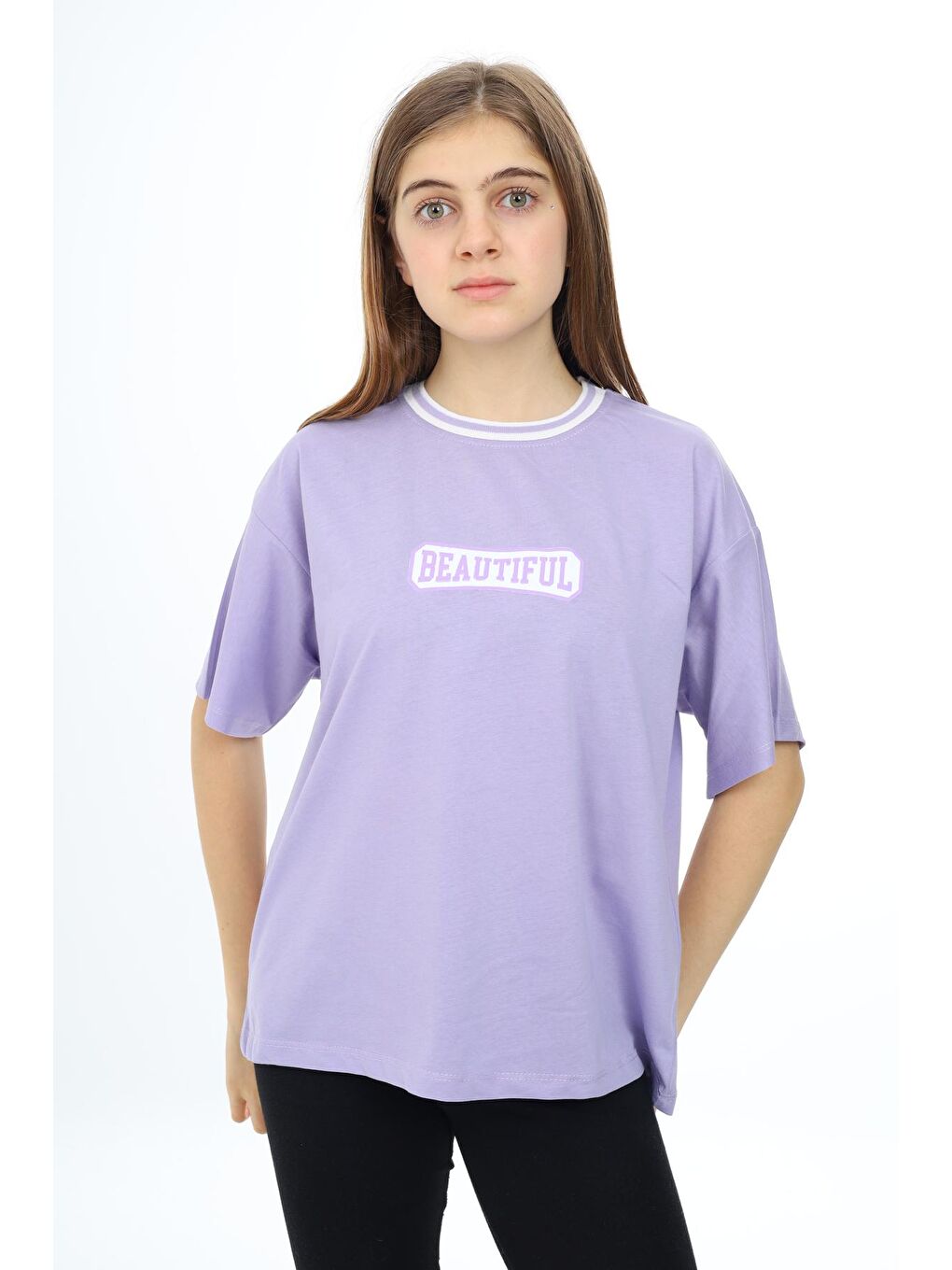 Lila Kız Çocuk Yaka Ribanalı Yazı Baskılı T-Shirt 9-14 Yaş Lx5020-1