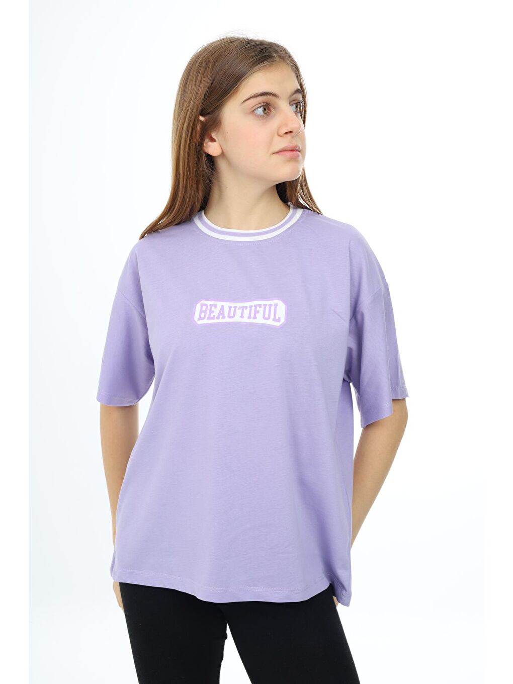 Lila Kız Çocuk Yaka Ribanalı Yazı Baskılı T-Shirt 9-14 Yaş Lx5020-2