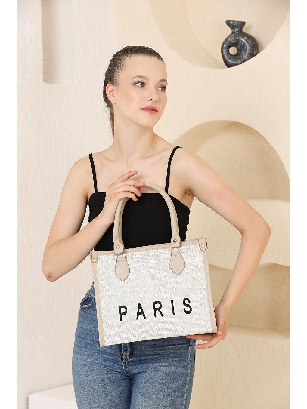 Bej Vizon Kanvas Tote Omuz Çantası-1