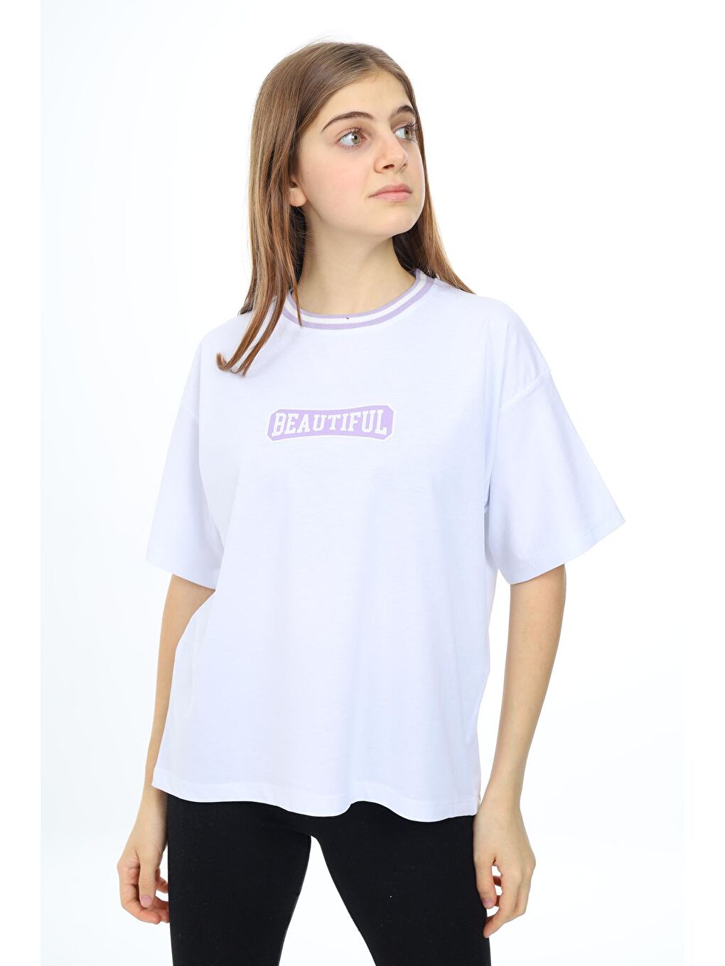 Beyaz Kız Çocuk Yaka Ribanalı Yazı Baskılı T-Shirt 9-14 Yaş Lx5020-1
