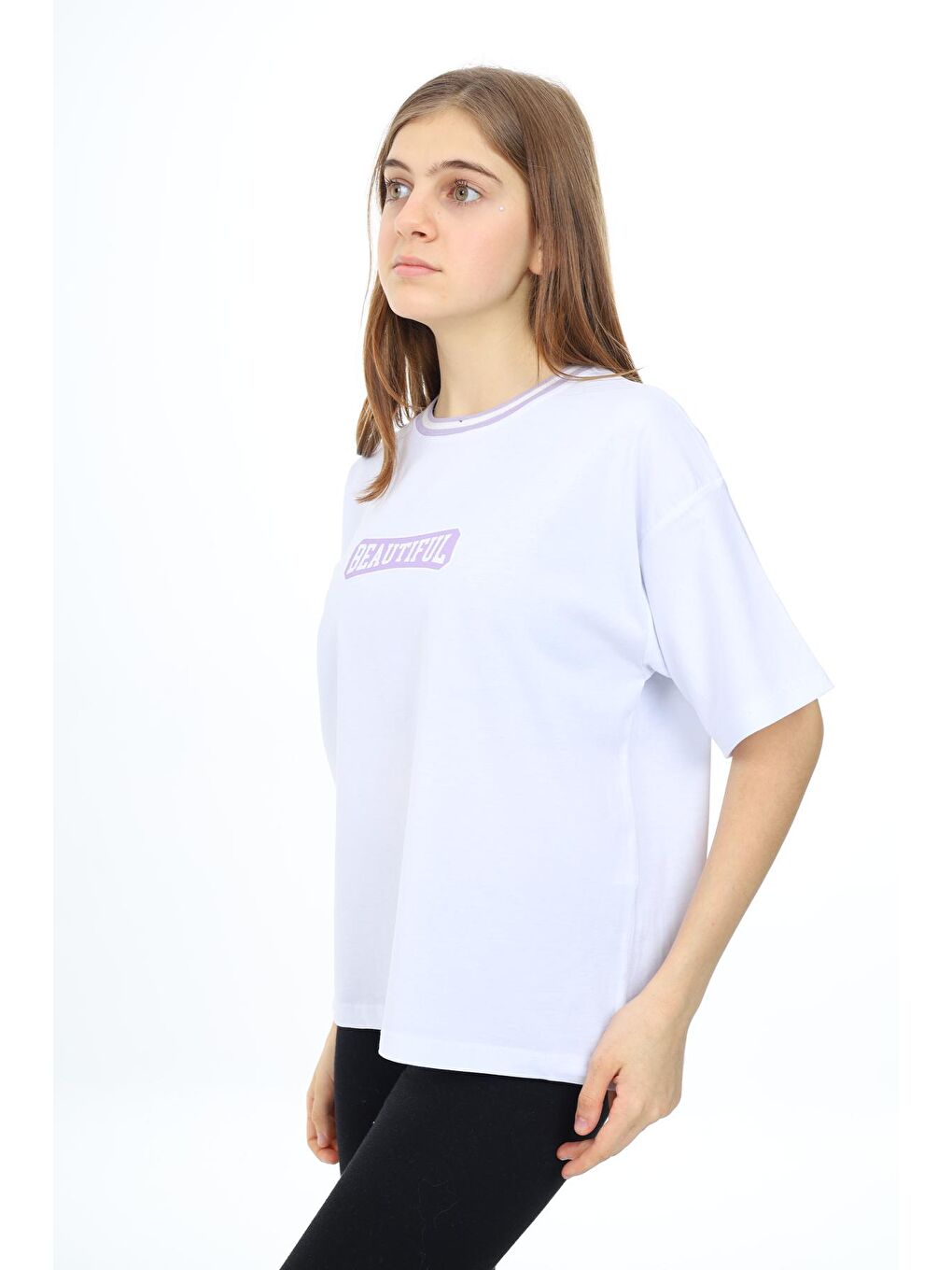 Beyaz Kız Çocuk Yaka Ribanalı Yazı Baskılı T-Shirt 9-14 Yaş Lx5020-2