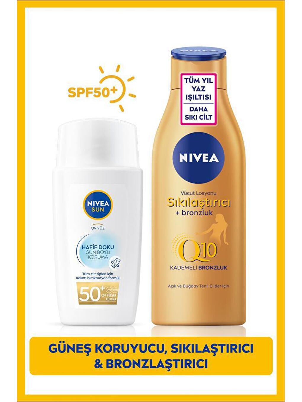 NIVEA SUN Hafif Dokulu Güneş Koruyucu Yüz Kremi 40ml ve Q10 Sıkılaştırıcı Vücut Losyonu 200ml Çanta Hediye