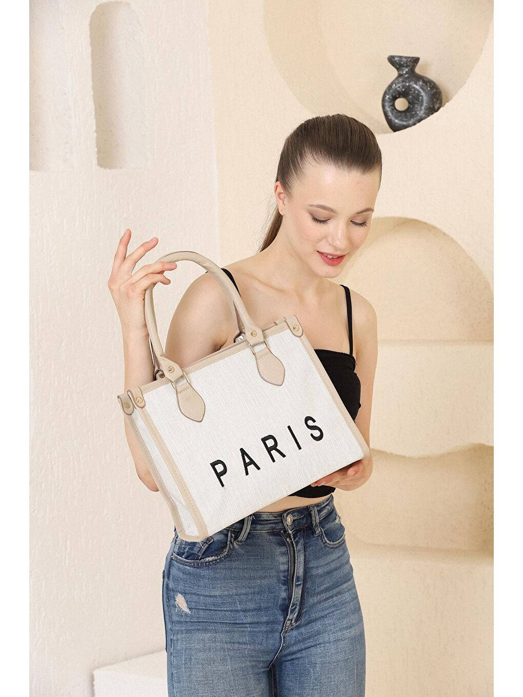 Bej Vizon Kanvas Tote Omuz Çantası-2