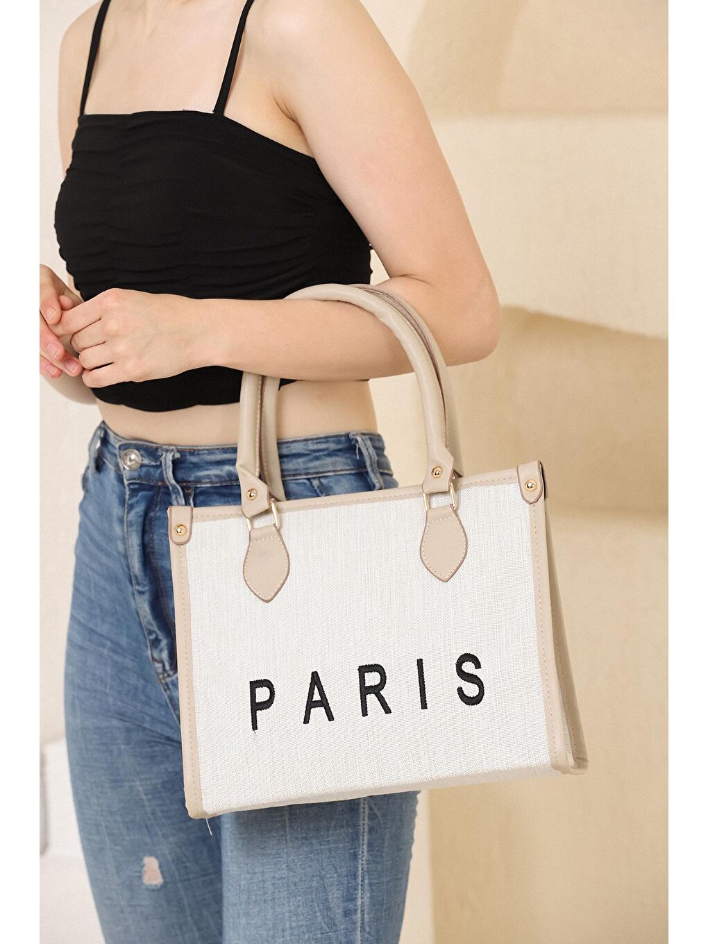 Bej Vizon Kanvas Tote Omuz Çantası-3