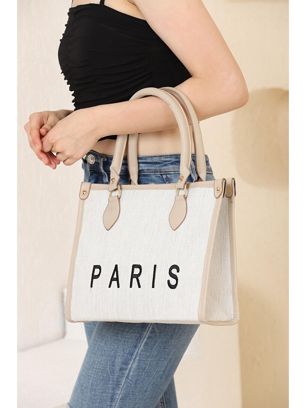 Bej Vizon Kanvas Tote Omuz Çantası-4