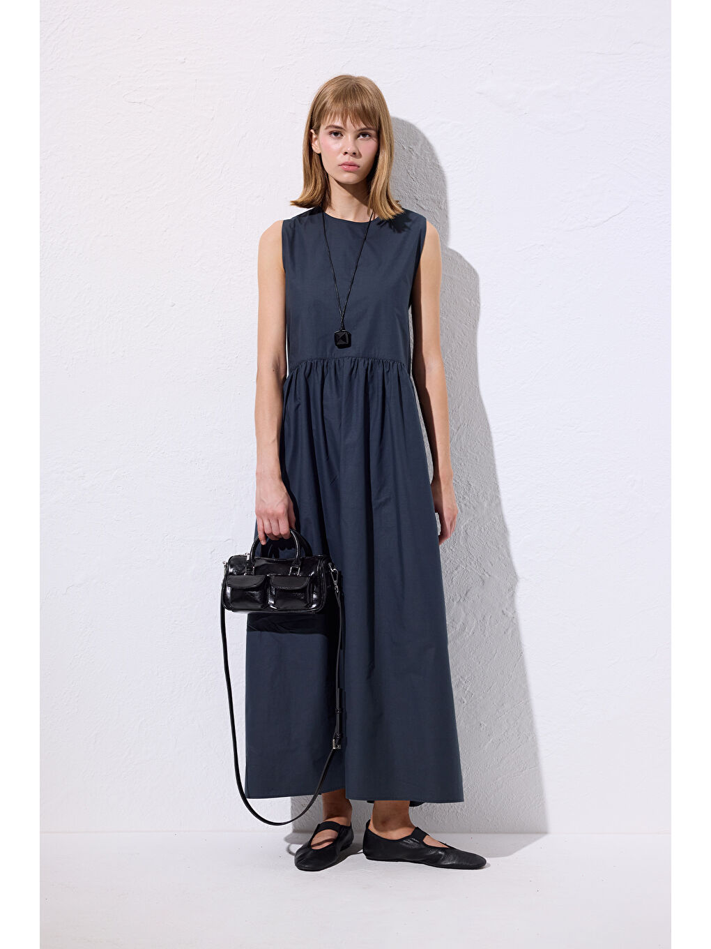 Kemer Ayarlamalı Poplın Elbise Lacivert-1