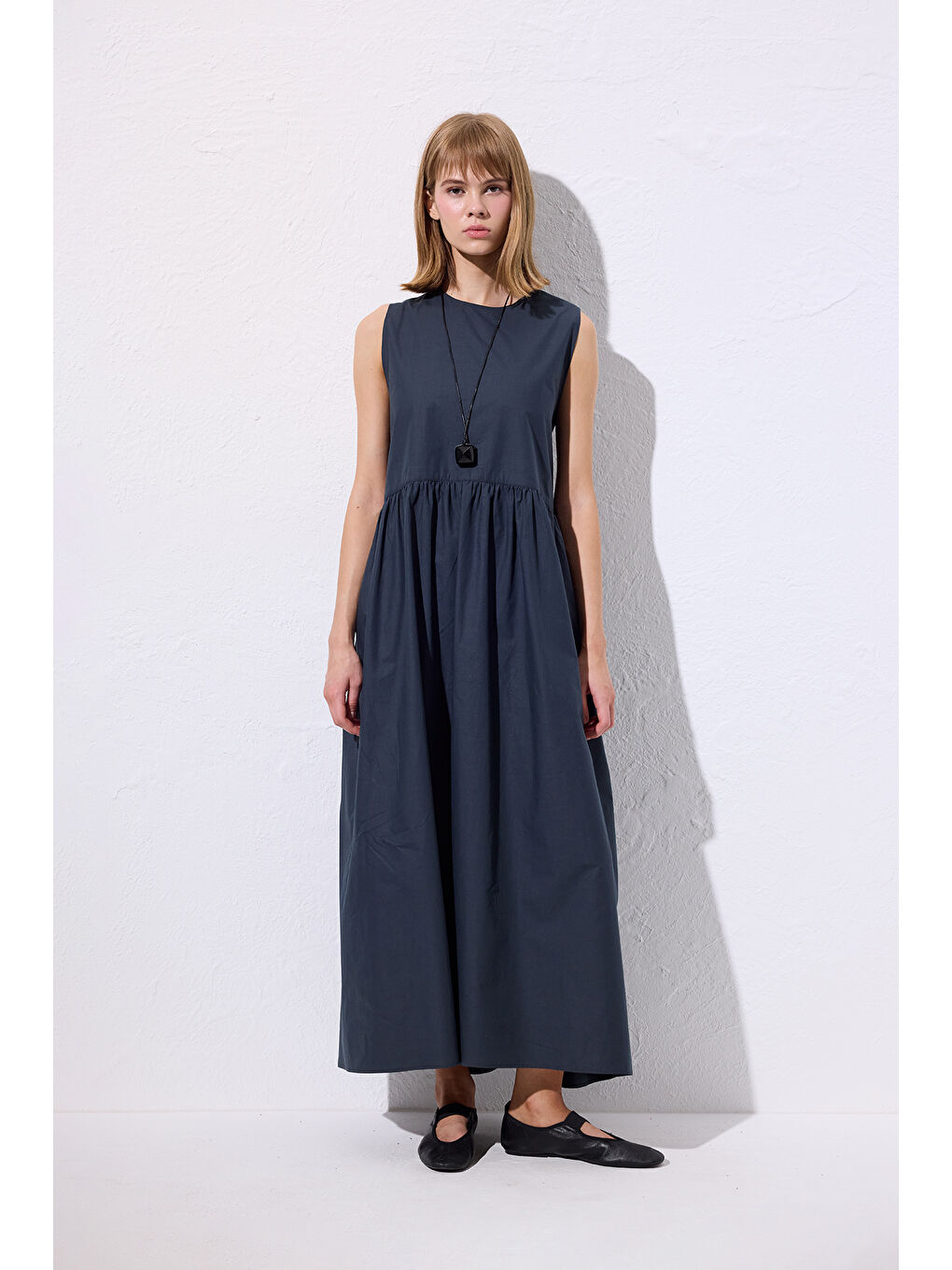 Kemer Ayarlamalı Poplın Elbise Lacivert-2