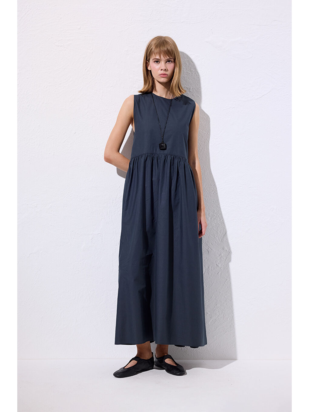 Kemer Ayarlamalı Poplın Elbise Lacivert-3