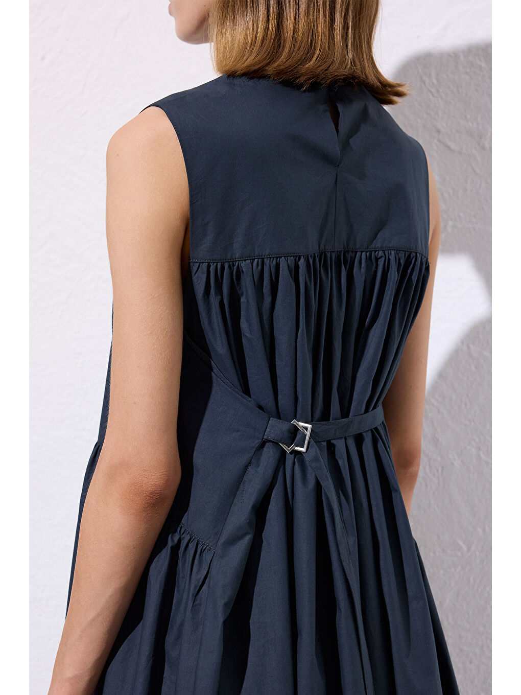 Kemer Ayarlamalı Poplın Elbise Lacivert-4