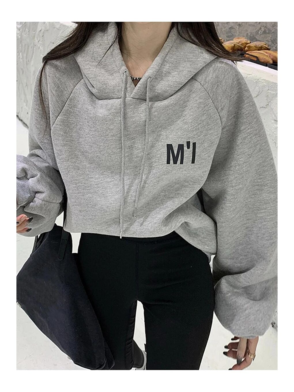 Kadın Gri Oversize M'ı Baskılı Sweatshirt-1