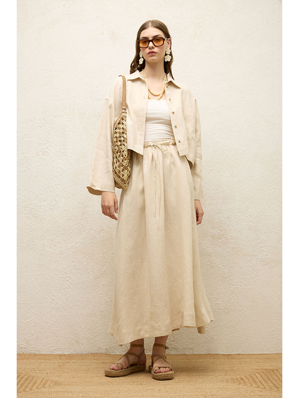 Keten Uzun Kol Crop Gömlek Bej-2