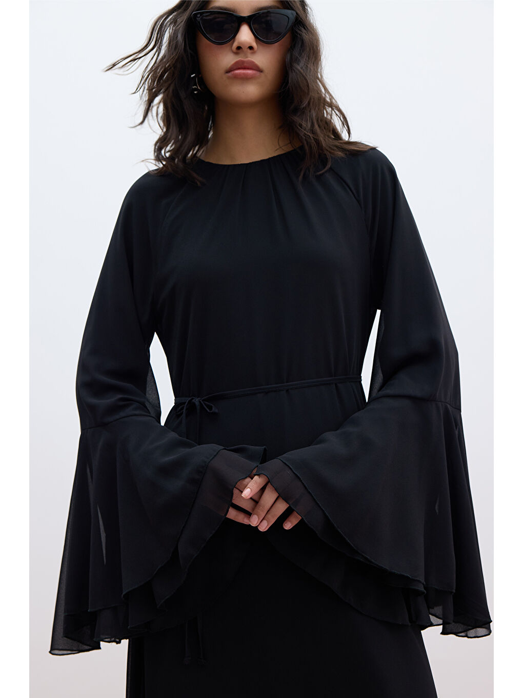 Şifon Volanlı Elbise Siyah-2