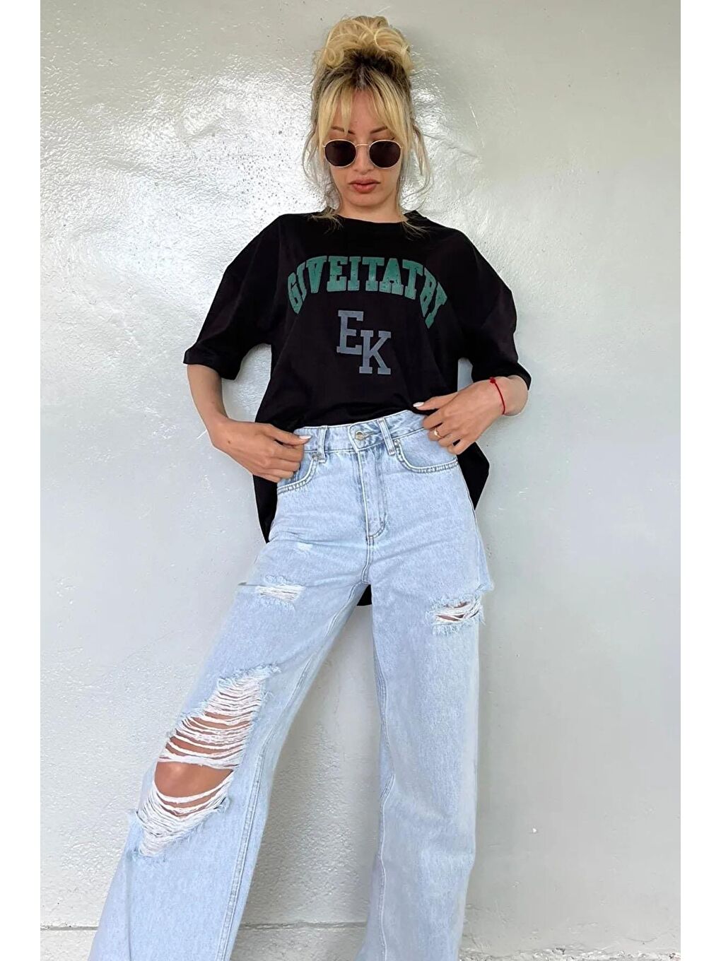 Kadın Siyah Baskılı Oversize Tişört Mg1318