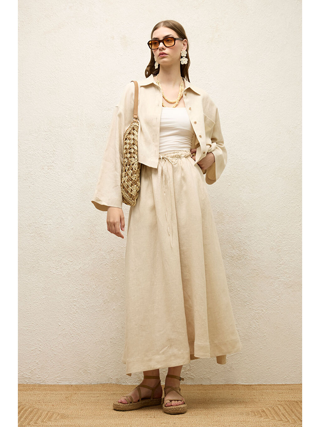 Keten Uzun Kol Crop Gömlek Bej-4