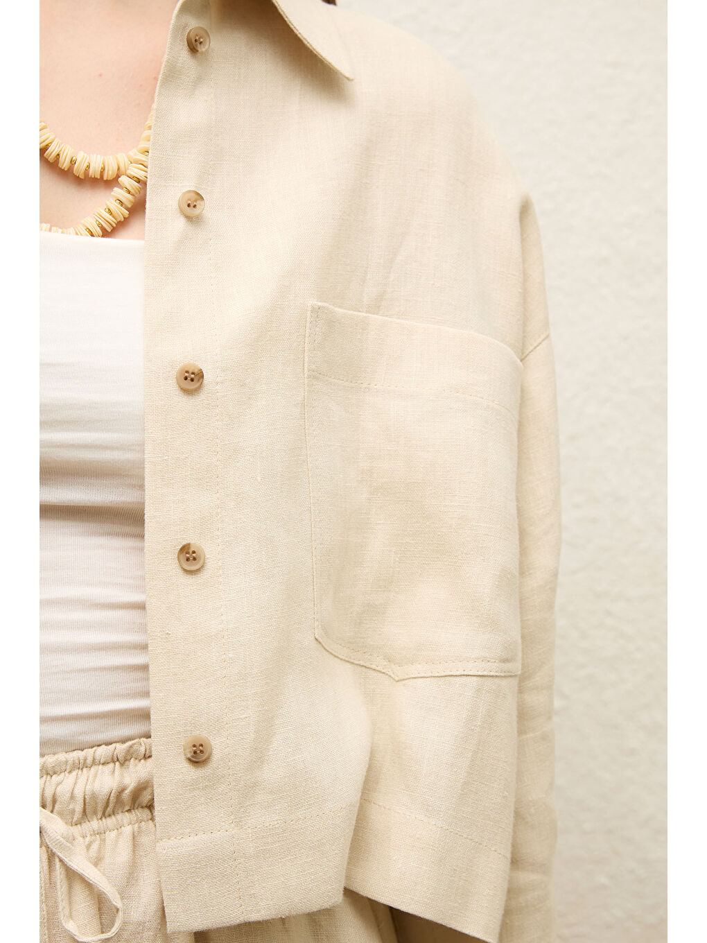 Keten Uzun Kol Crop Gömlek Bej-5