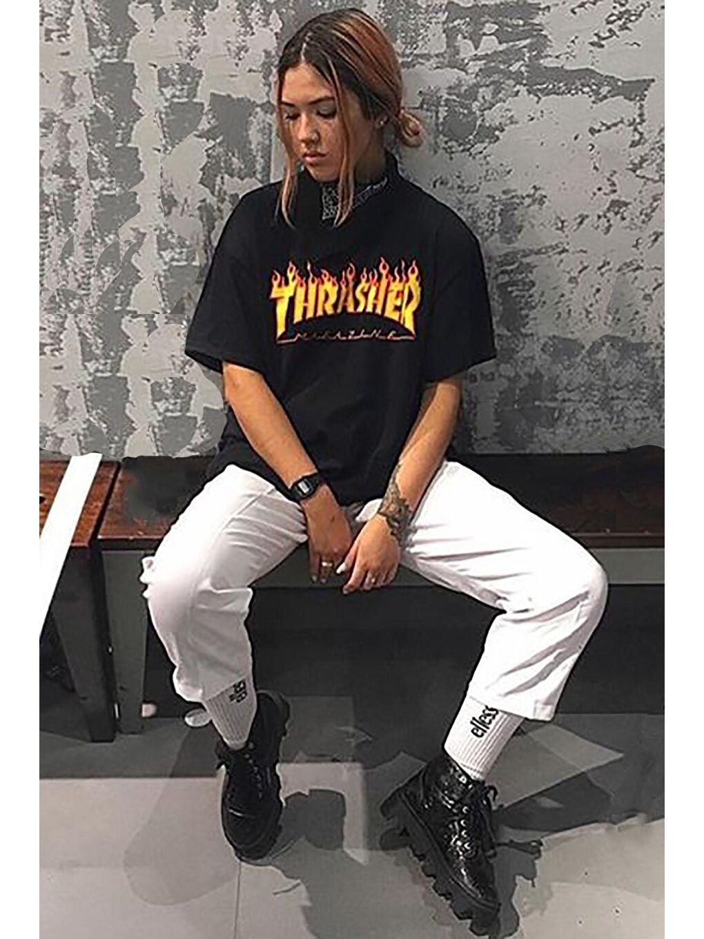 Kadın Siyah Baskılı Oversize Tişört Mg1346