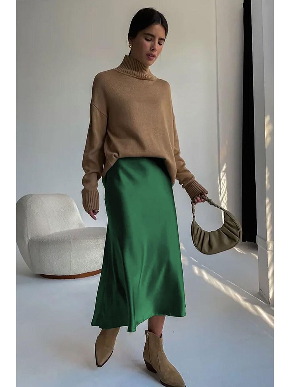 Yeşil Basic Midi Saten Etek  Mg1409