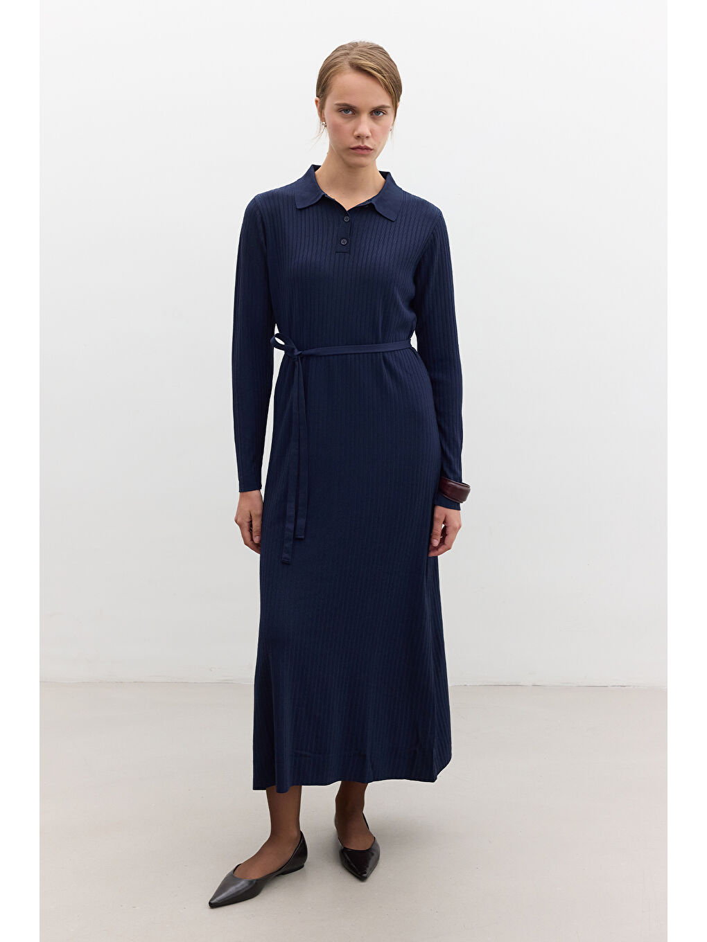 Yakalı Triko Elbise Lacivert-1