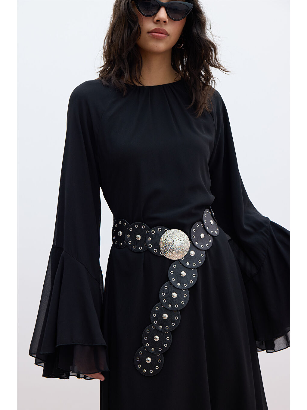 Şifon Volanlı Elbise Siyah-5