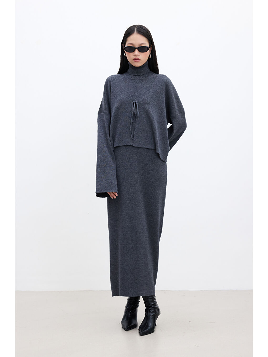 Kolsuz Yüksek Yaka Triko Elbise Antrasit-4