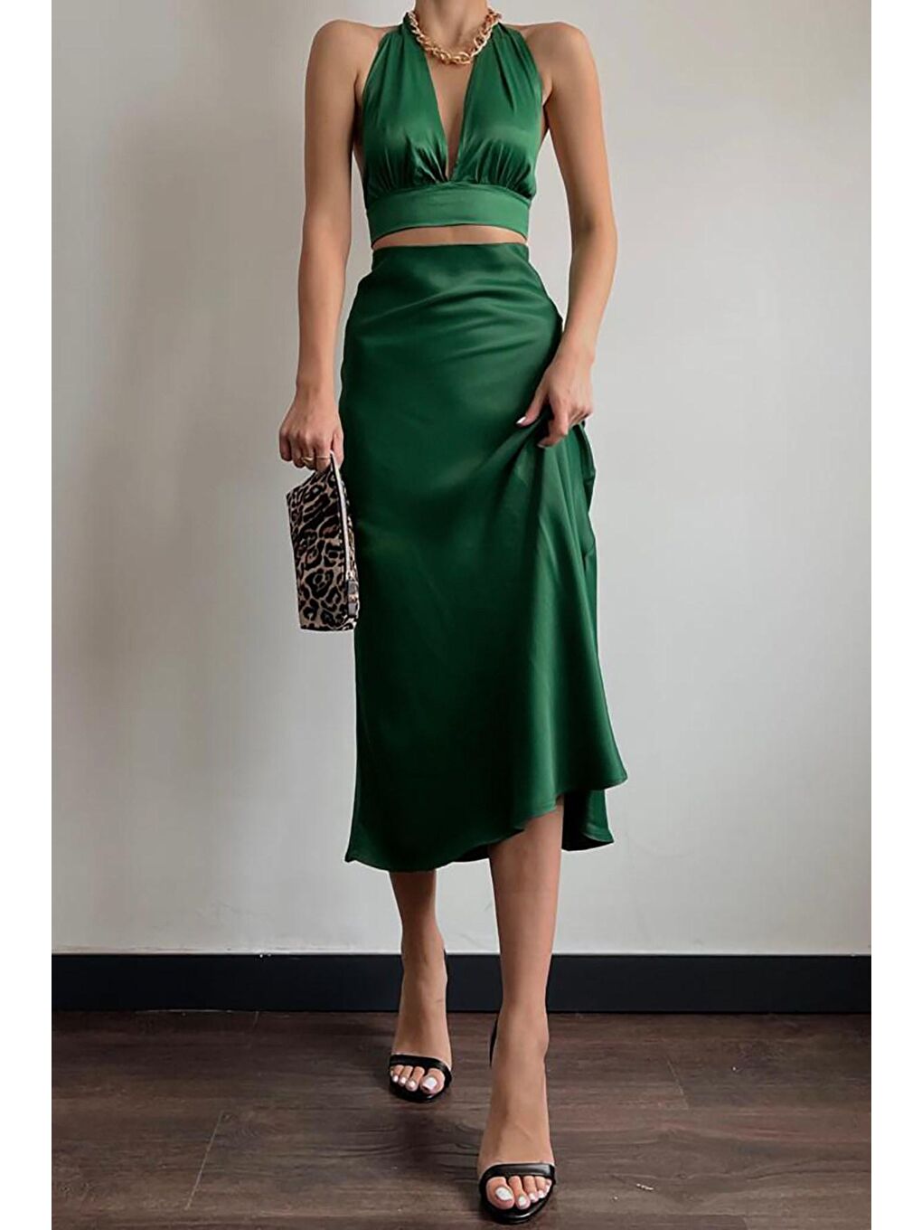 Yeşil Basic Midi Saten Etek  Mg1409-1