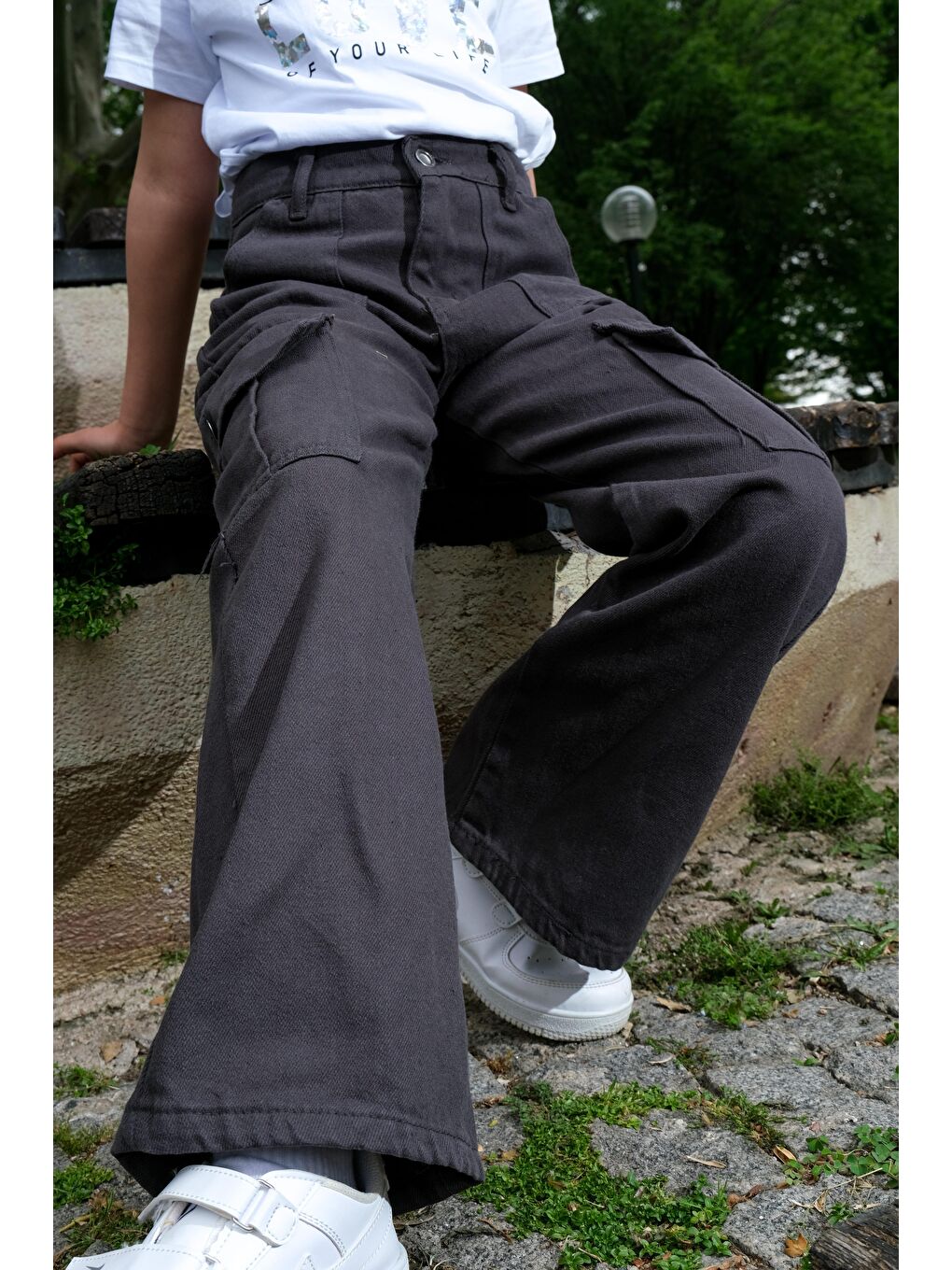 Gri Kız Çocuk İspanyol Paça Keten Kargo Pantolon-1