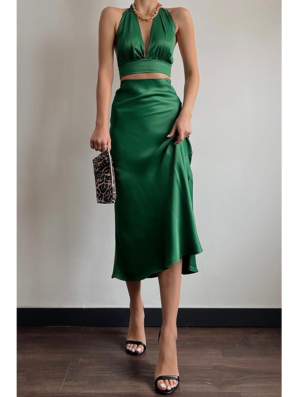 Yeşil Basic Midi Saten Etek  Mg1409-3