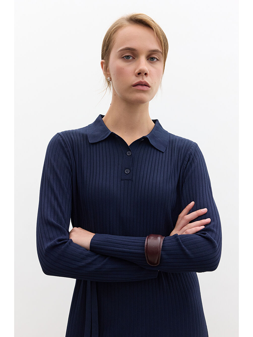 Yakalı Triko Elbise Lacivert-2