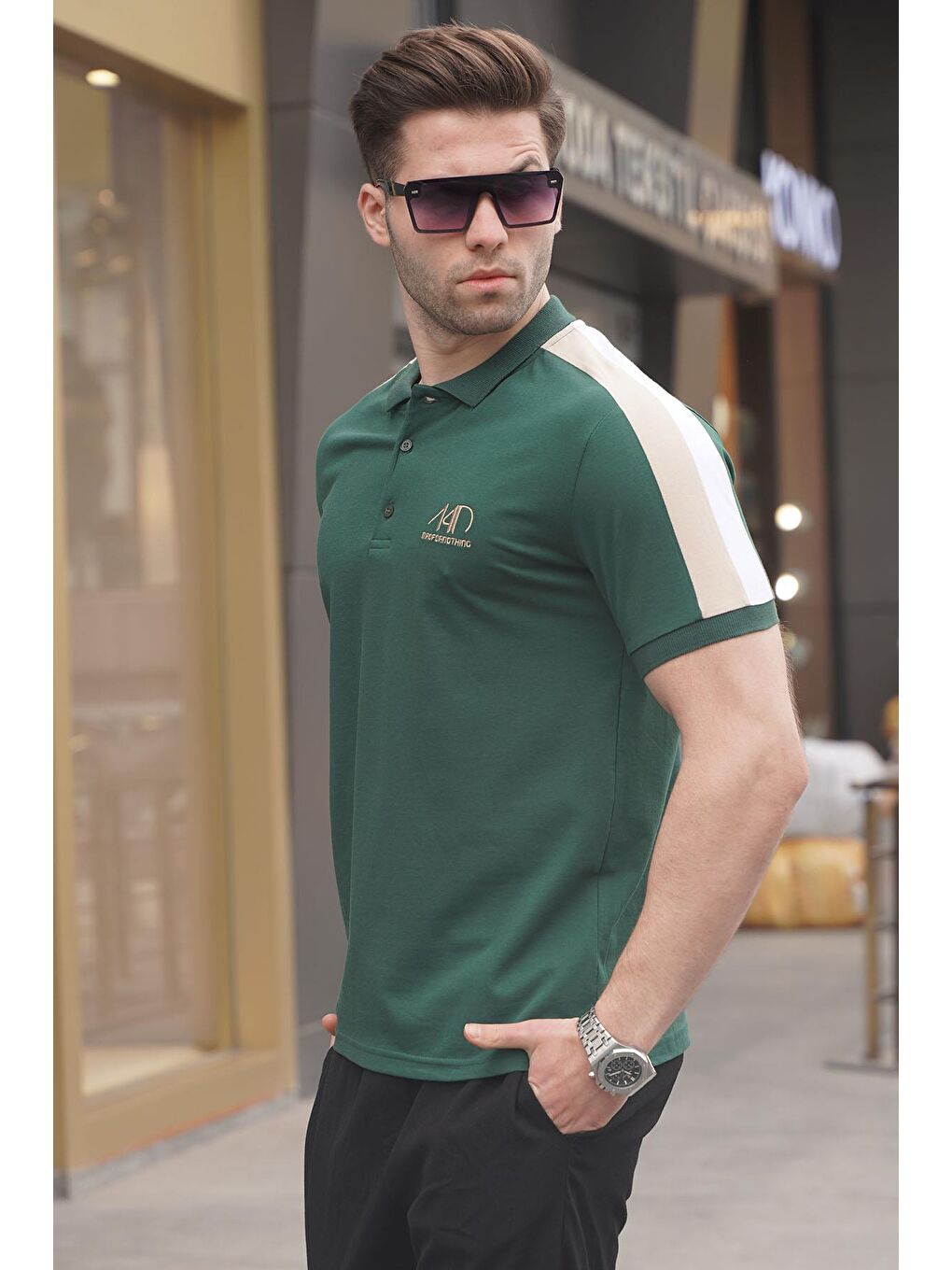 Yeşil Şeritli Polo Yaka Erkek Tişört 5215