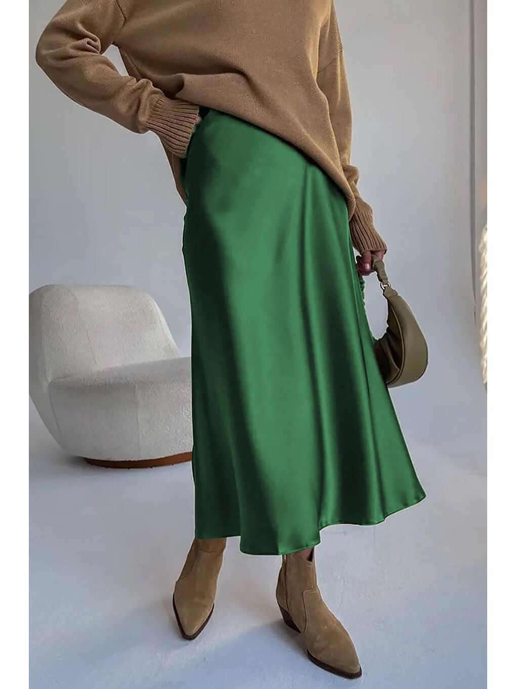 Yeşil Basic Midi Saten Etek  Mg1409-4