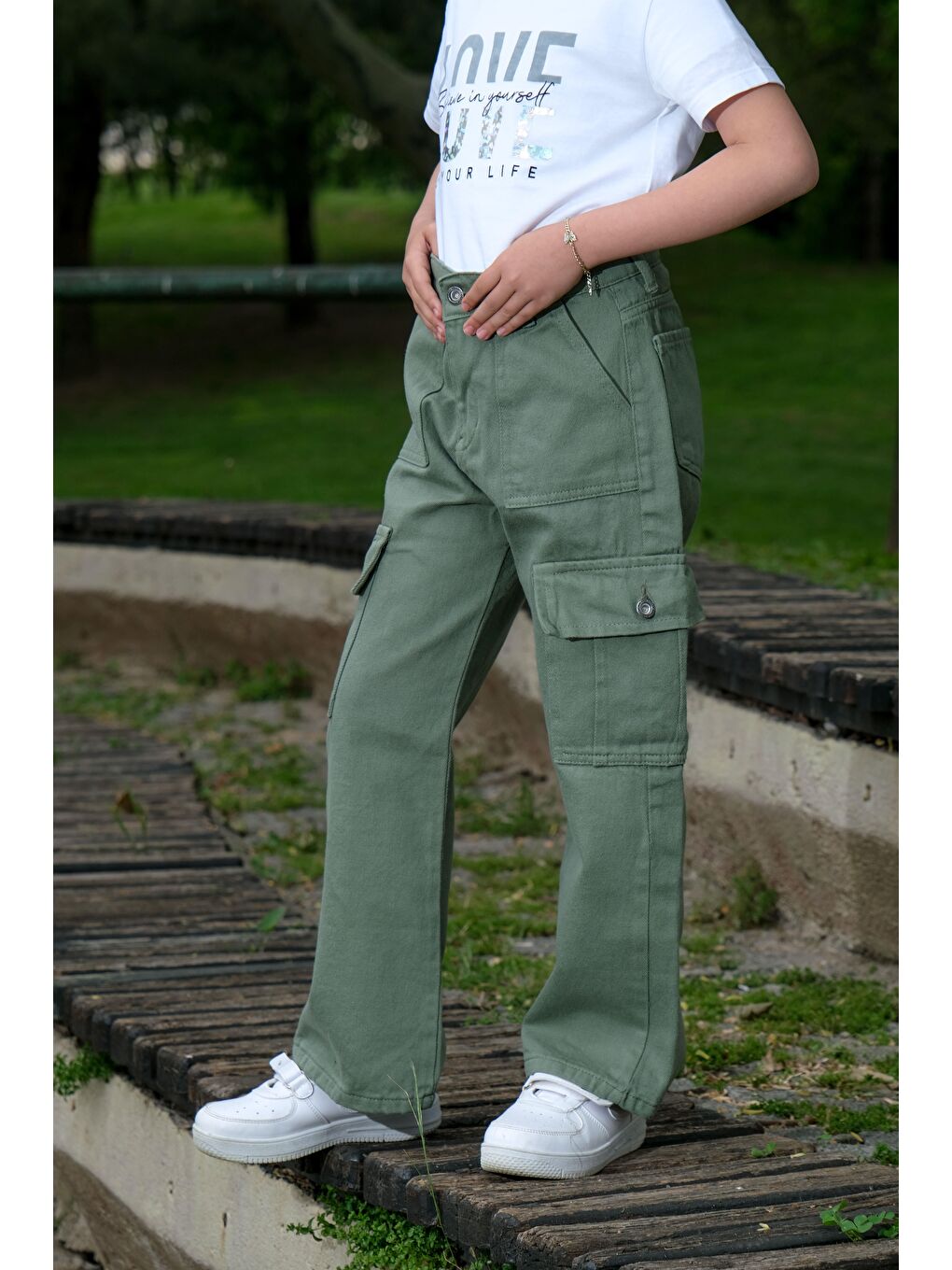 Turkuaz Kız Çocuk İspanyol Paça Keten Kargo Pantolon