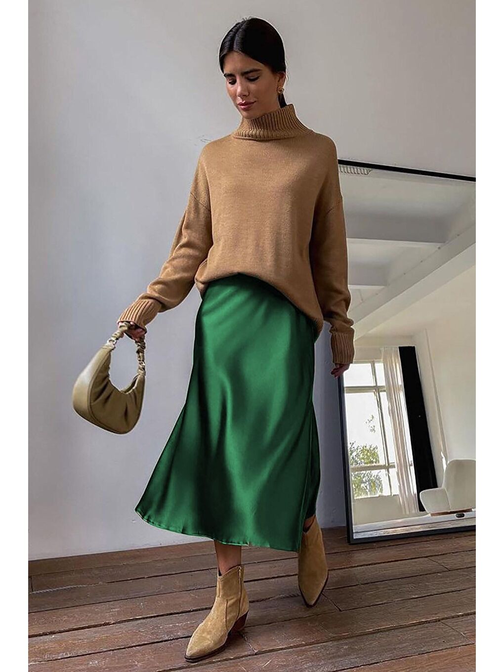 Yeşil Basic Midi Saten Etek  Mg1409-5