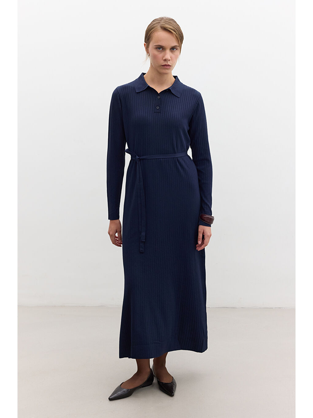 Yakalı Triko Elbise Lacivert-3