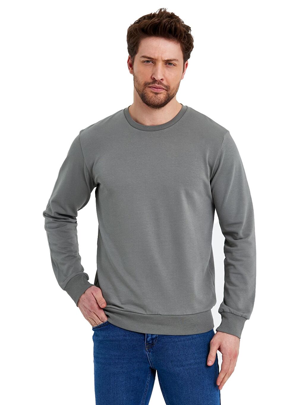 Bej Bisiklet Yaka Basic İnce Erkek Sweatshirt