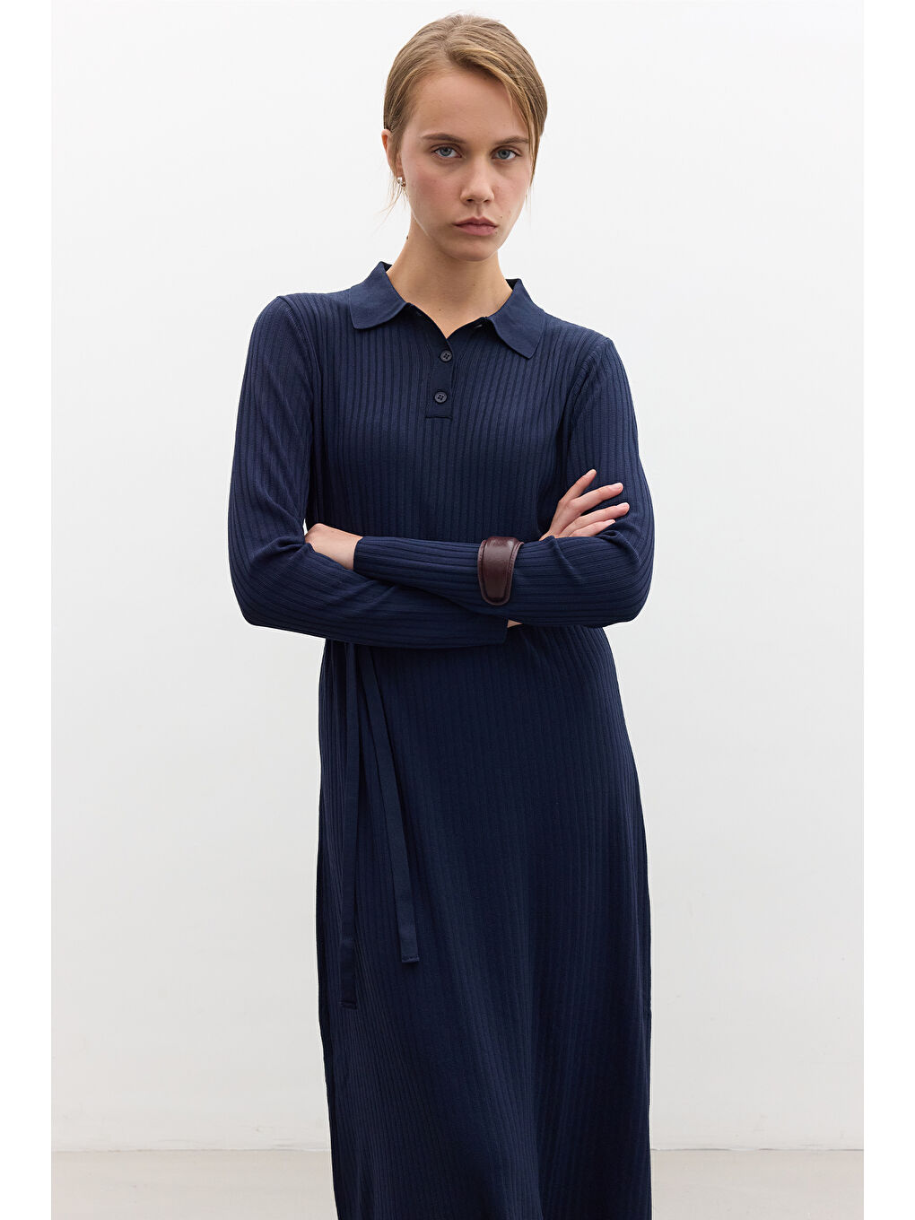 Yakalı Triko Elbise Lacivert-4