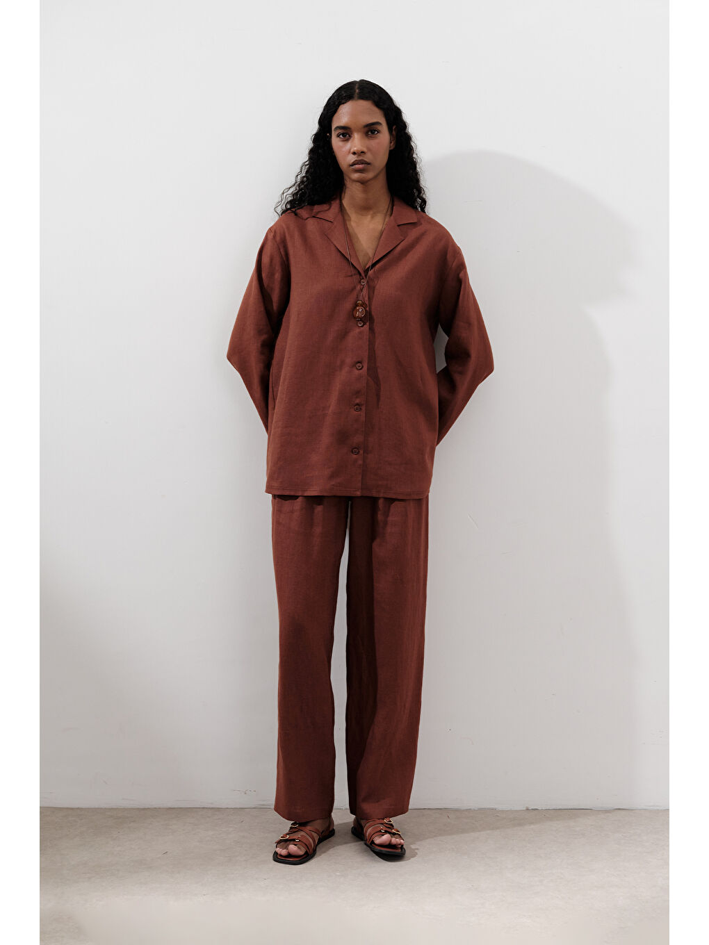 Turuncu Keten Pileli Geniş Pantolon Bakır-2