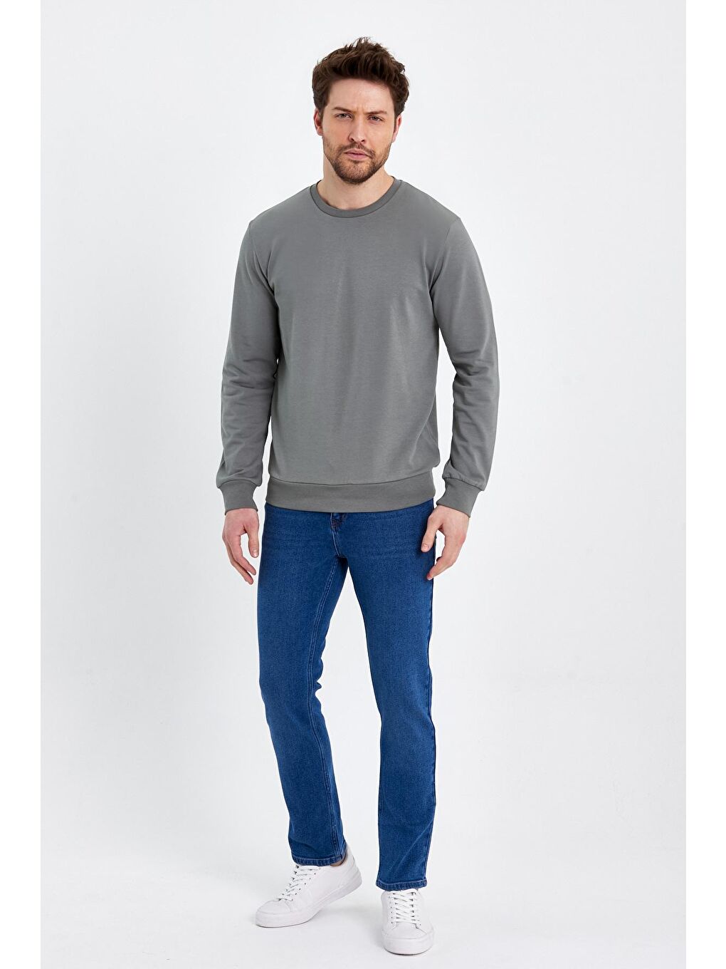 Bej Bisiklet Yaka Basic İnce Erkek Sweatshirt-1