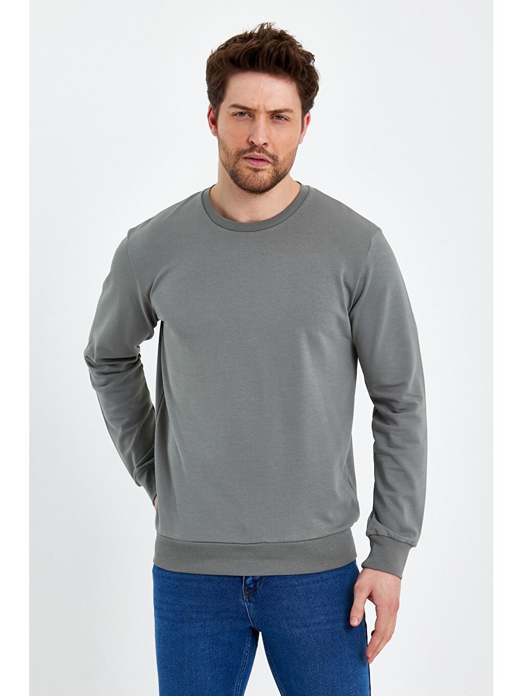 Bej Bisiklet Yaka Basic İnce Erkek Sweatshirt-2