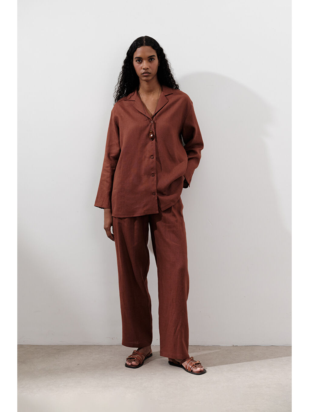 Turuncu Keten Pileli Geniş Pantolon Bakır-3