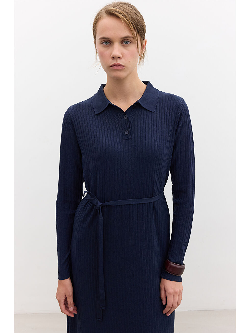 Yakalı Triko Elbise Lacivert-5