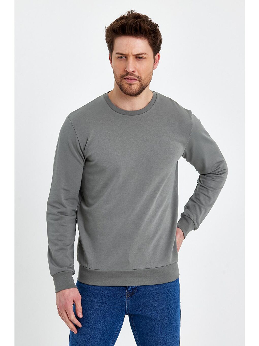 Bej Bisiklet Yaka Basic İnce Erkek Sweatshirt-3