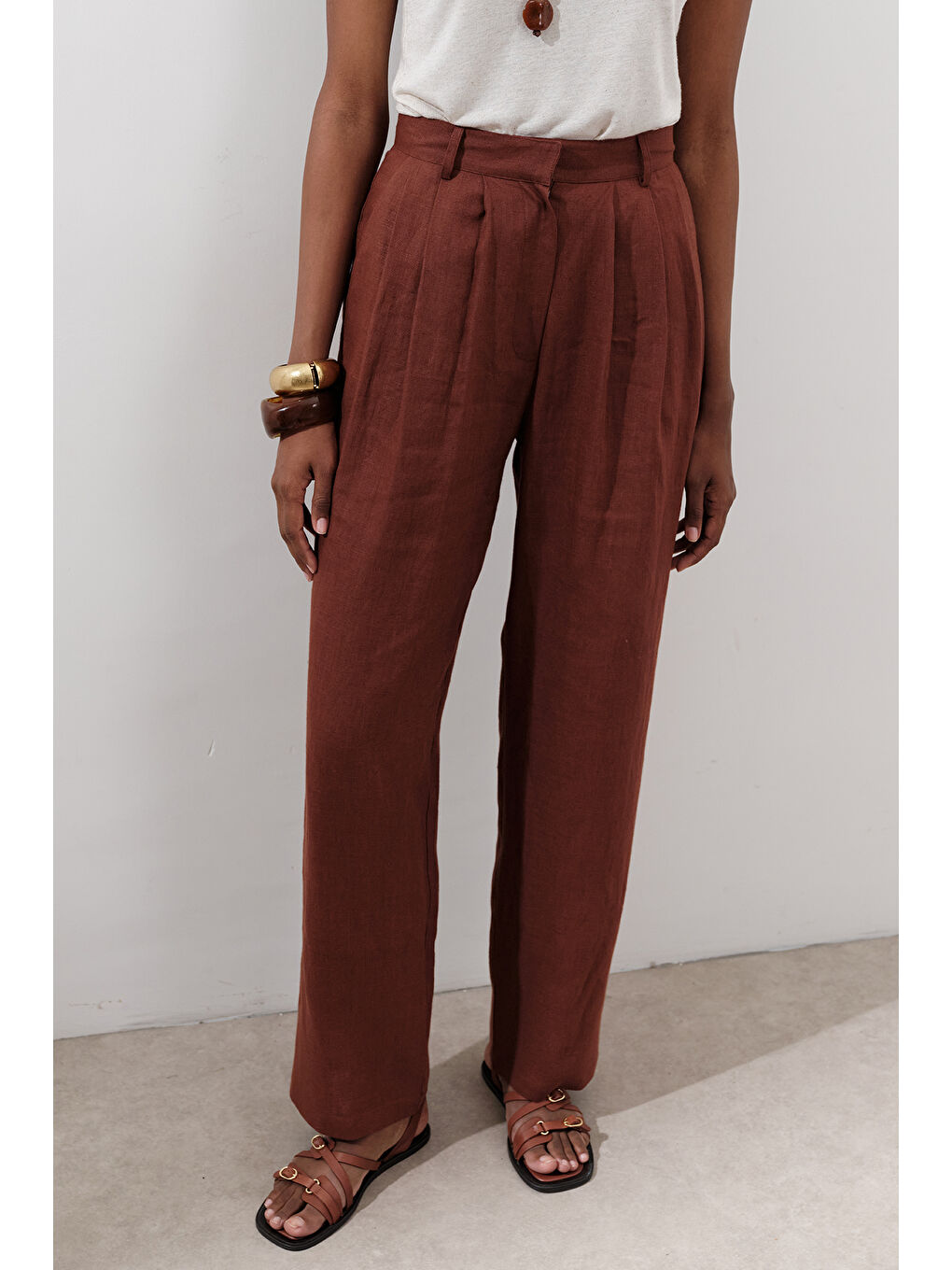 Turuncu Keten Pileli Geniş Pantolon Bakır-4