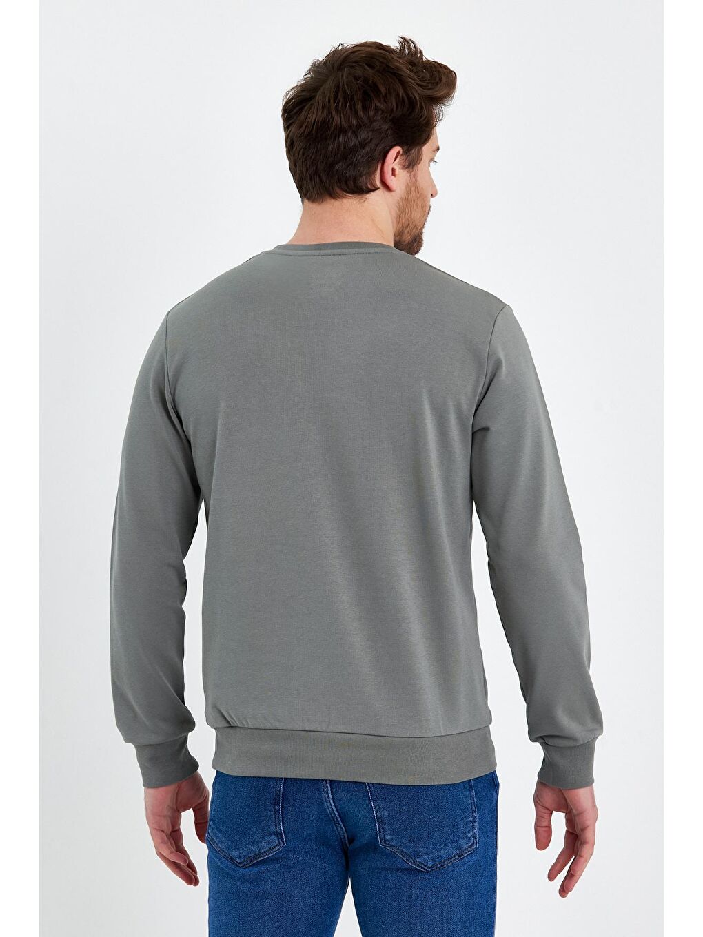 Bej Bisiklet Yaka Basic İnce Erkek Sweatshirt-4