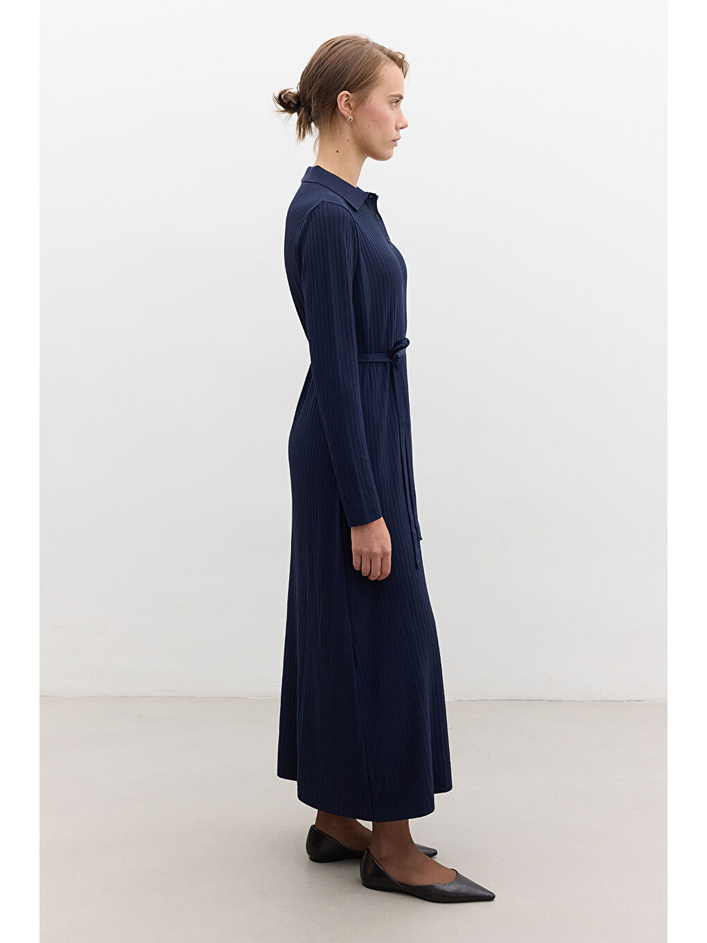 Yakalı Triko Elbise Lacivert-6