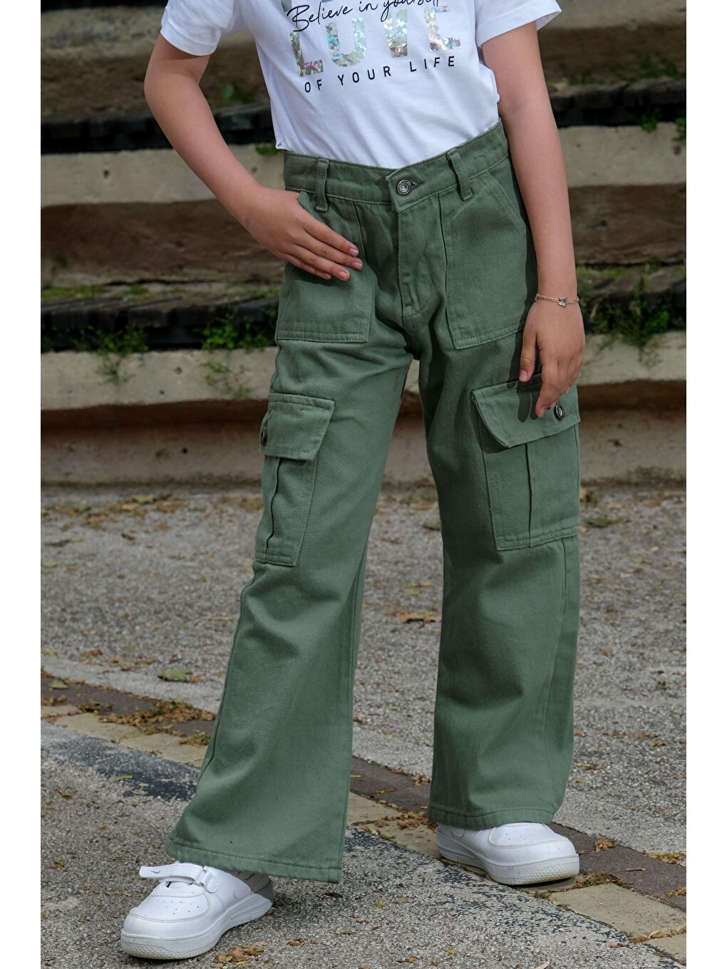 Turkuaz Kız Çocuk İspanyol Paça Keten Kargo Pantolon-1