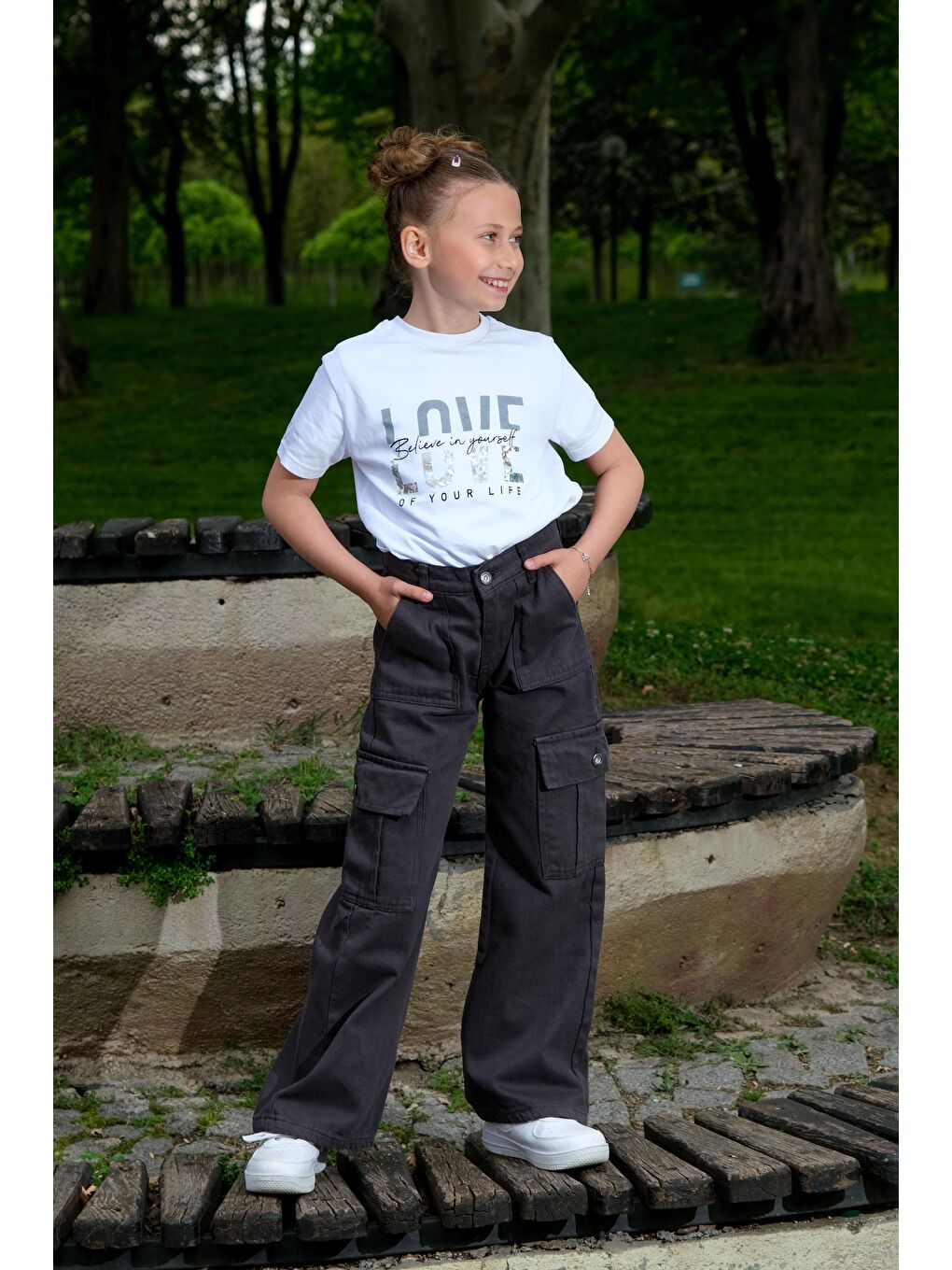 Gri Kız Çocuk İspanyol Paça Keten Kargo Pantolon-3