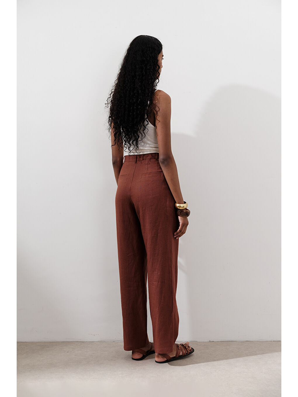 Turuncu Keten Pileli Geniş Pantolon Bakır-6