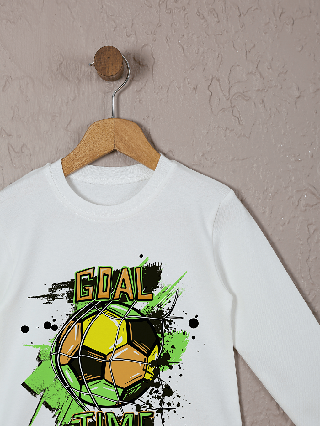 Ekru Bisiklet Yaka Uzun Kollu Erkek Çocuk Pijama Takımı-1