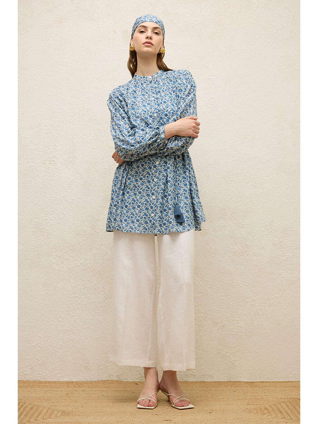 Viskon Desenli Tunik Rose Mavi-4