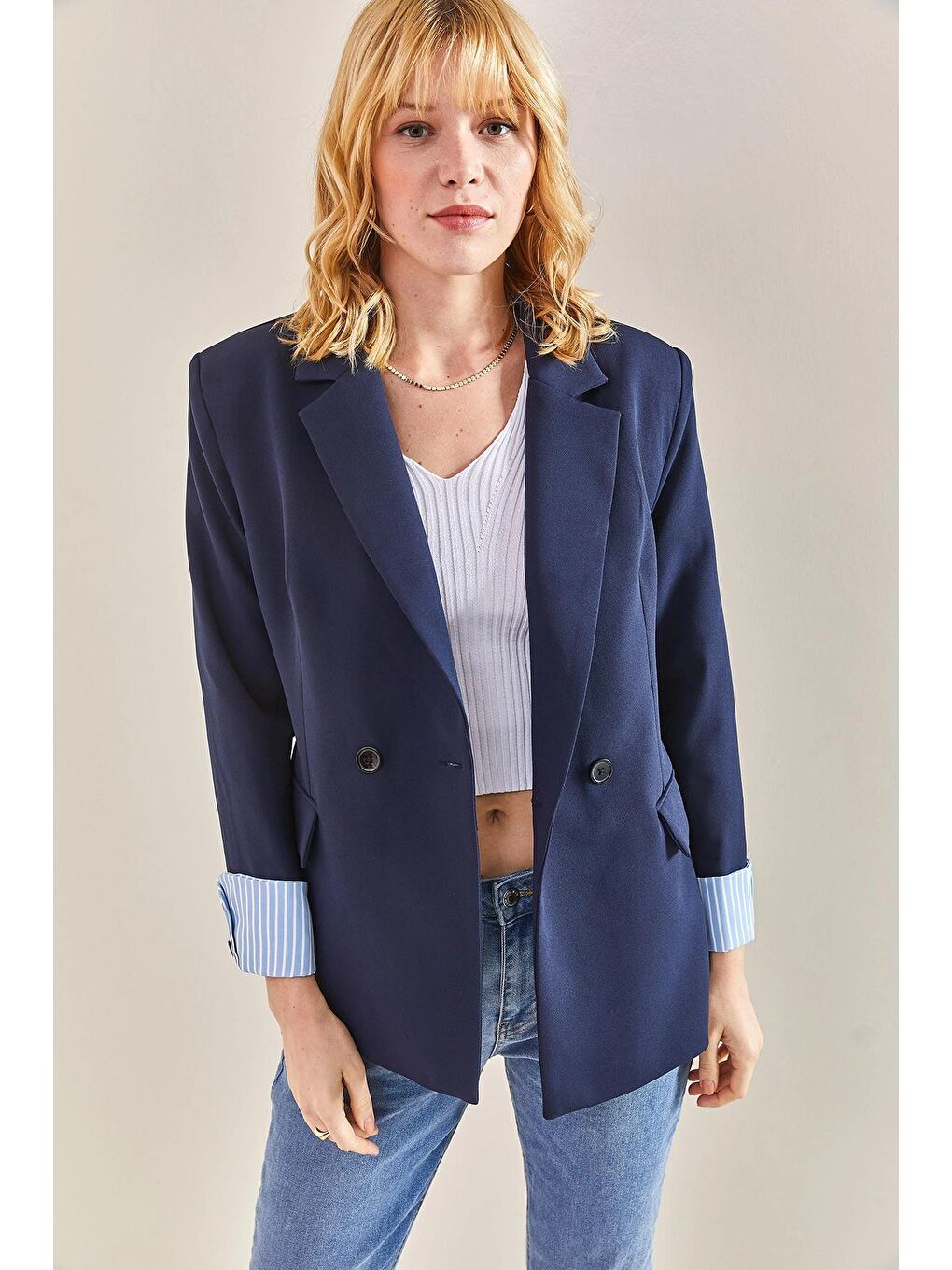 Lacivert Kadın Garneli Kol Detaylı Blazer Ceket-4